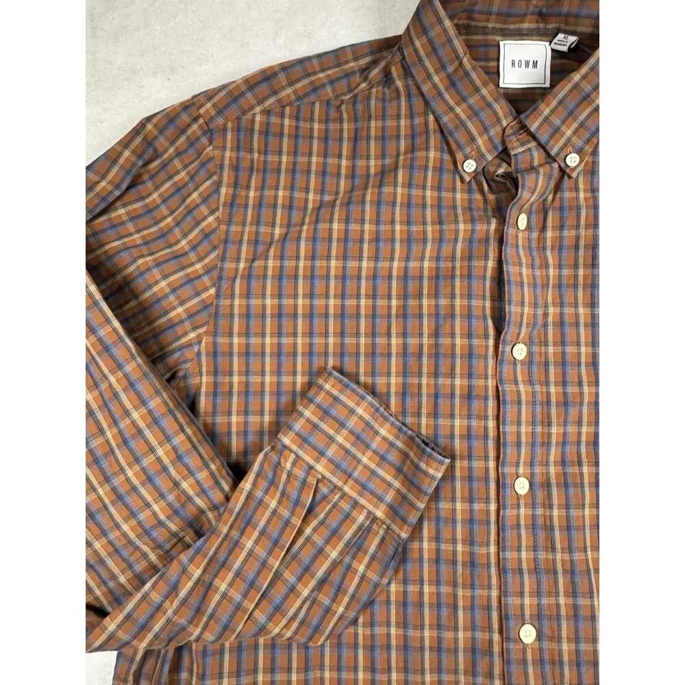 ROWM Mens XL Plaid Button Down Shirt Long Sleeve Orange Blue Casual